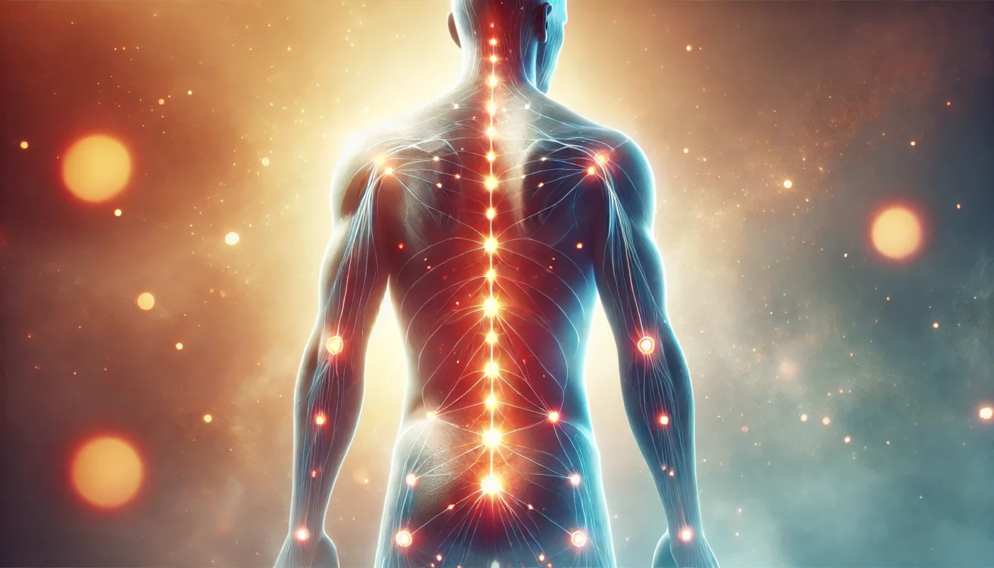 A human silhouette with glowing energy points along the back and legs, visually illustrating acupuncture’s effect on meridian lines and pain relief. The ethereal background blends warm and cool tones.