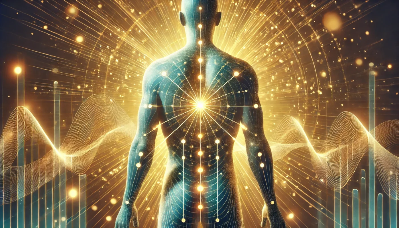 An artistic depiction of acupuncture’s healing power, featuring glowing energy waves radiating from pressure points on a human silhouette, symbolizing relief, relaxation, and balance in soft golden and blue hues.