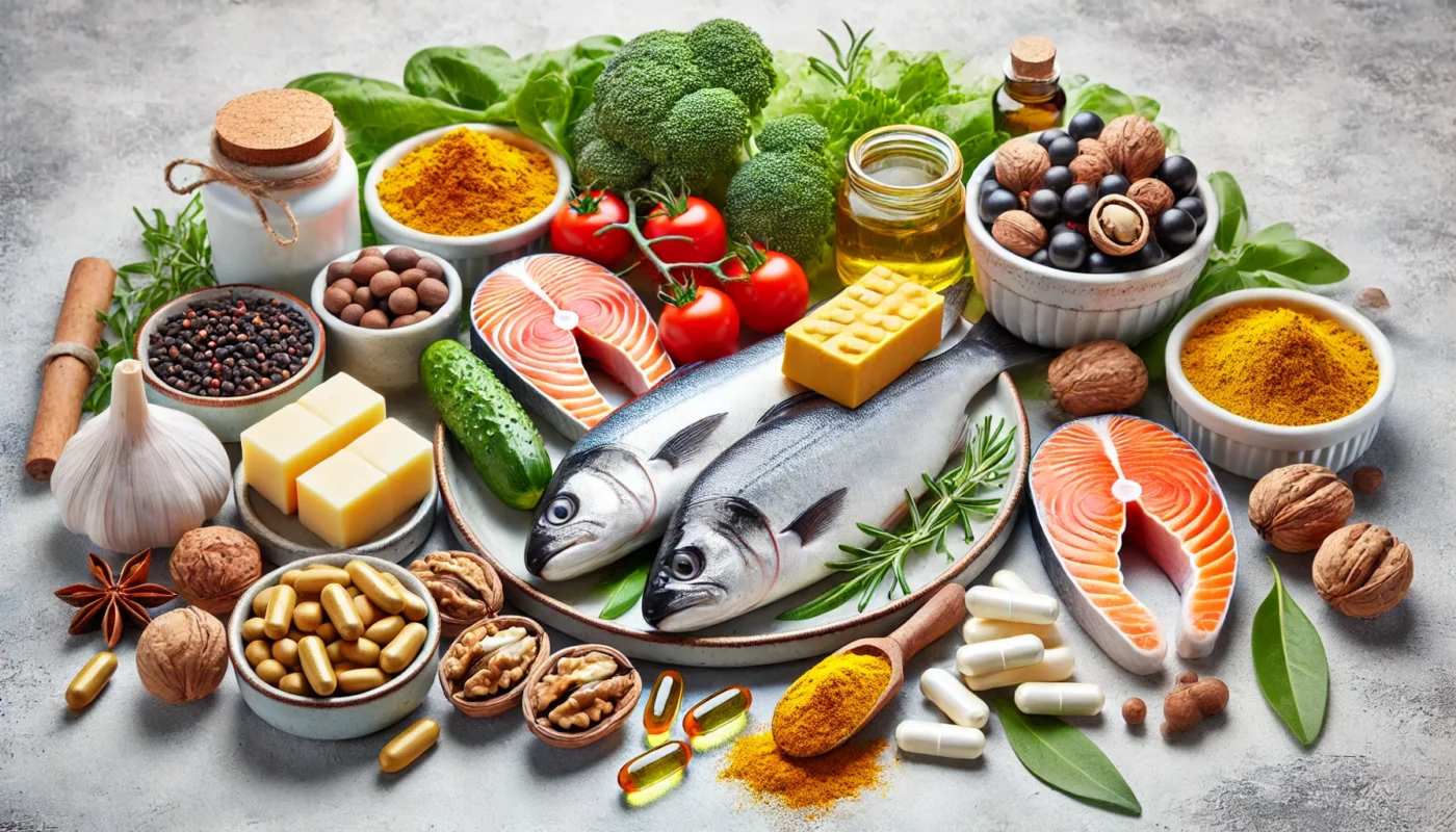 A fresh and nutritious arrangement of anti-inflammatory foods and supplements, including omega-3 rich fish, walnuts, turmeric, and glucosamine capsules, displayed on a neutral background to highlight their benefits for joint health and bursitis relief.