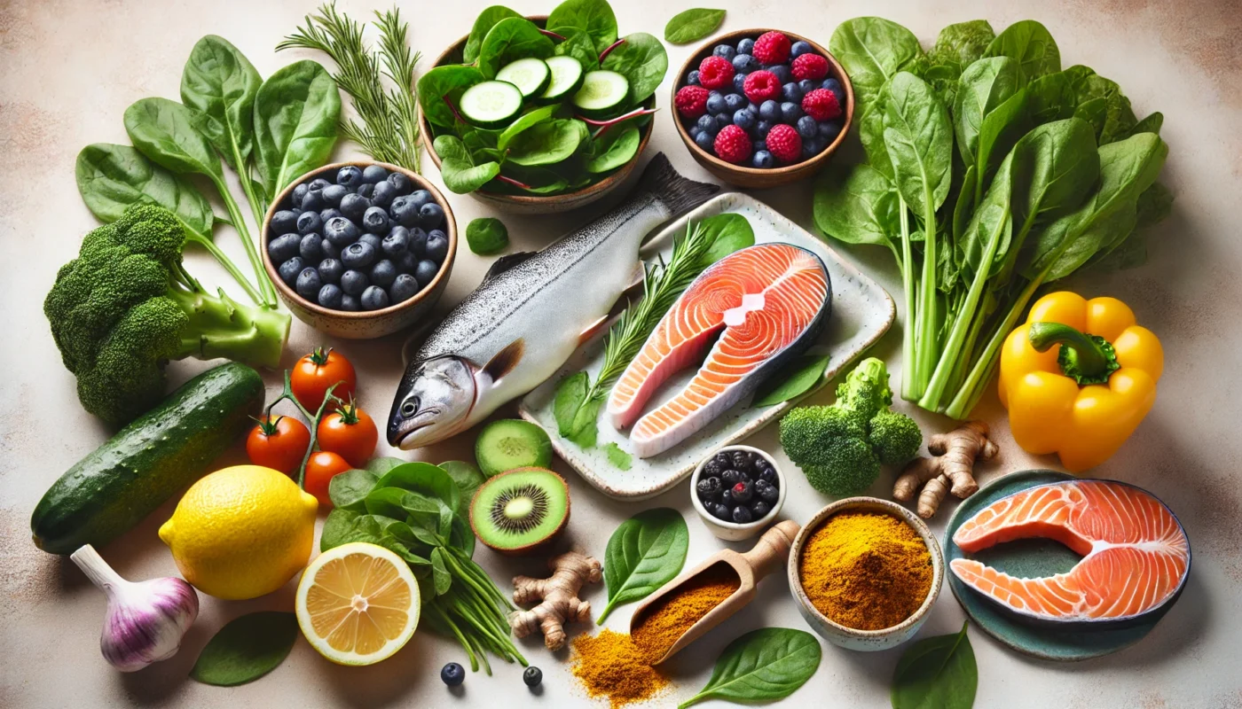 A vibrant and nutritious display of anti-inflammatory foods, including leafy greens, fatty fish, turmeric, and berries, arranged on a neutral background to highlight their digestive health benefits.