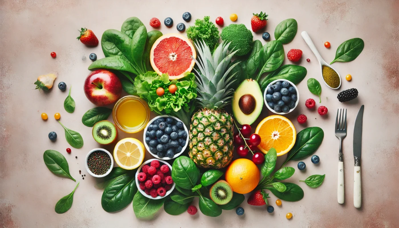 A colorful and fresh display of anti-inflammatory foods, including leafy greens, berries, citrus fruits, and pineapple, arranged on a neutral background to emphasize their natural health benefits.