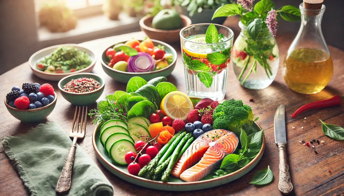 A nutritious anti-inflammatory meal displayed on a wooden dining table, featuring leafy greens, salmon rich in omega-3, colorful vegetables, and fresh berries. A glass of infused water with lemon and mint sits beside the plate, symbolizing healthy eating for managing autoimmune fatigue.