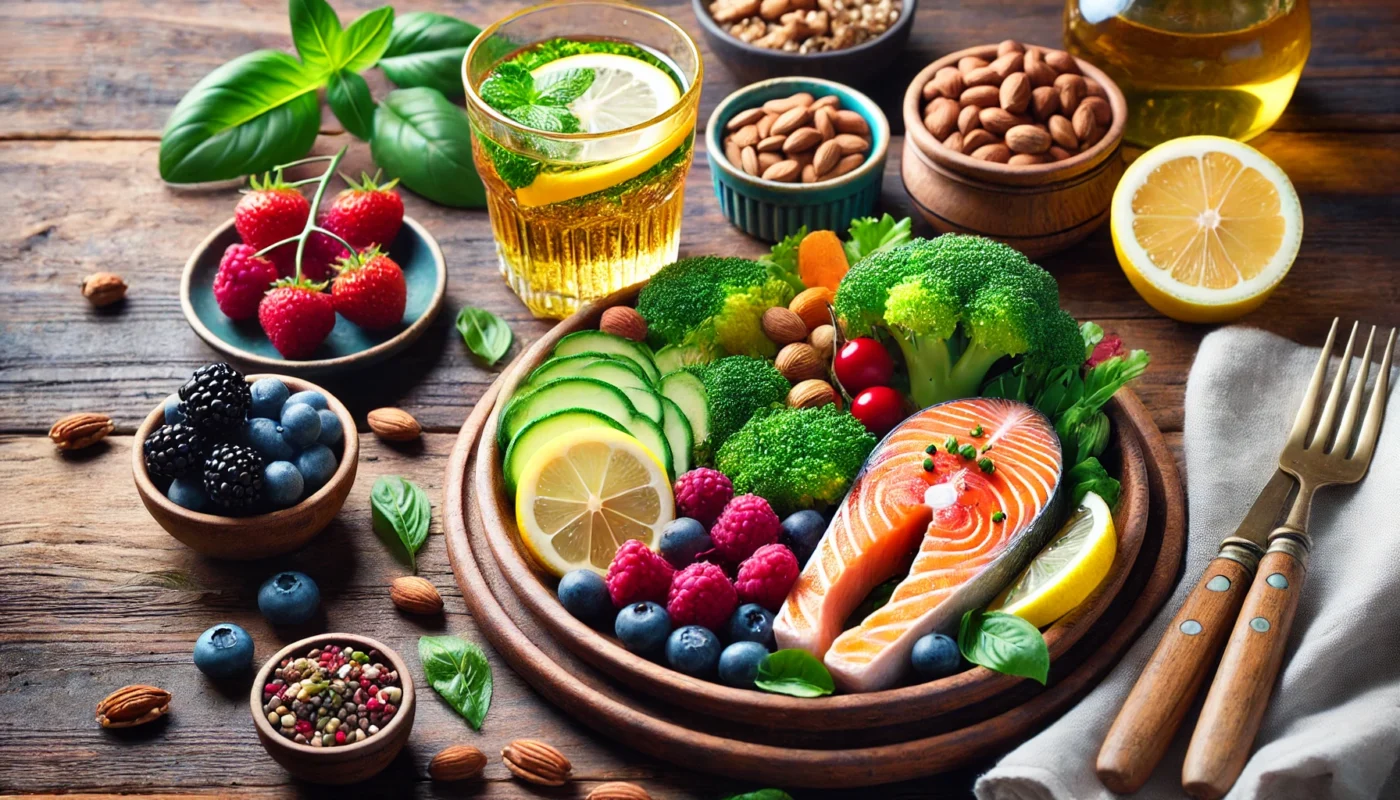 A vibrant anti-inflammatory meal on a wooden dining table, featuring colorful vegetables, salmon rich in omega-3, nuts, and fresh berries. A glass of infused water with lemon and mint completes the setting, symbolizing a balanced diet for supporting immune health and reducing inflammation.