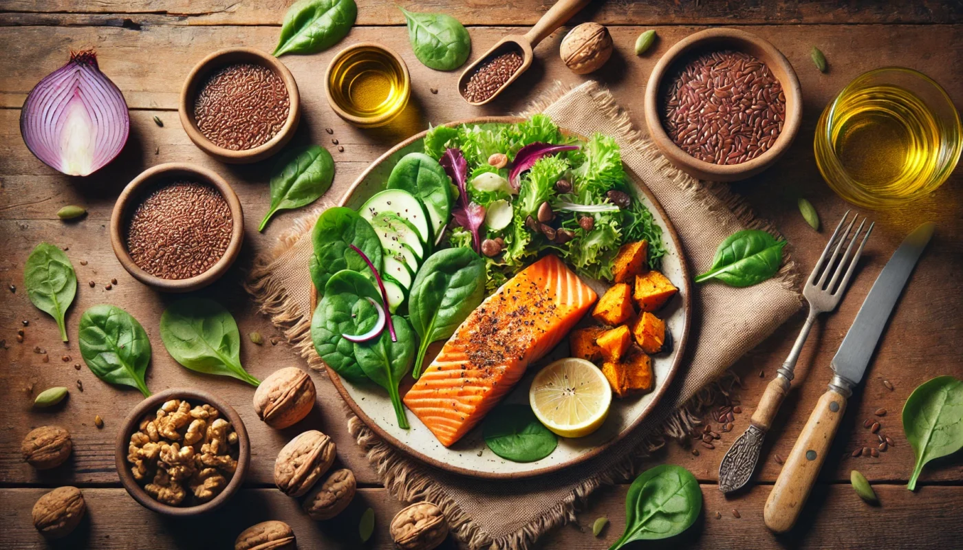 A top-down view of a healthy, anti-inflammatory meal featuring grilled salmon, fresh leafy greens, roasted sweet potatoes, and a side of walnuts. A small bowl of flaxseeds and a drizzle of olive oil enhance the nutrient-rich composition, highlighting foods that help reduce inflammation. The rustic wooden table and soft natural lighting create a warm and wholesome dining setting.