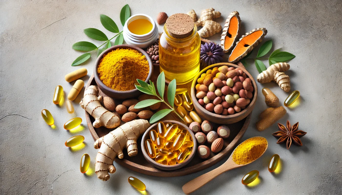 A natural and nutritious display of anti-inflammatory supplements, including fish oil capsules, turmeric root, and magnesium-rich nuts, arranged on a neutral background to highlight their health benefits.