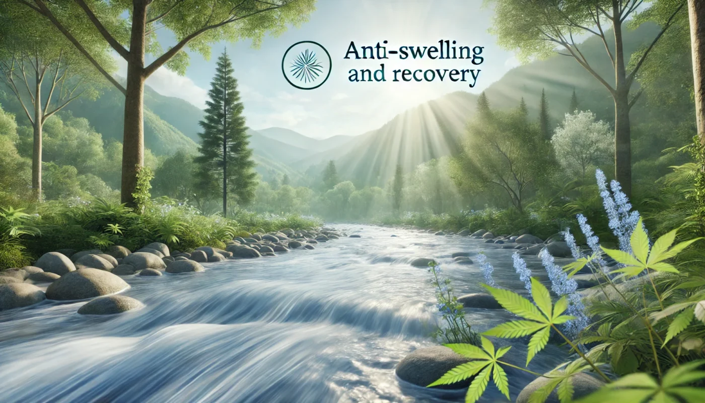 A peaceful natural landscape with flowing water, lush greenery, and soft sunlight, symbolizing the natural anti-swelling and healing effects of nature.