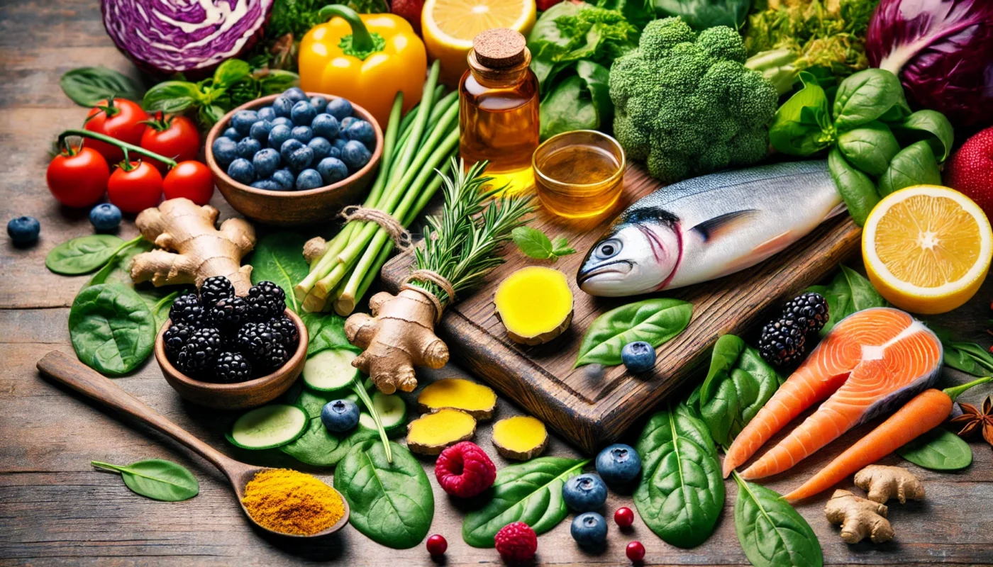 A vibrant assortment of anti-inflammatory foods, including turmeric, ginger, leafy greens, berries, and fatty fish, highlighting their natural role in reducing swelling.