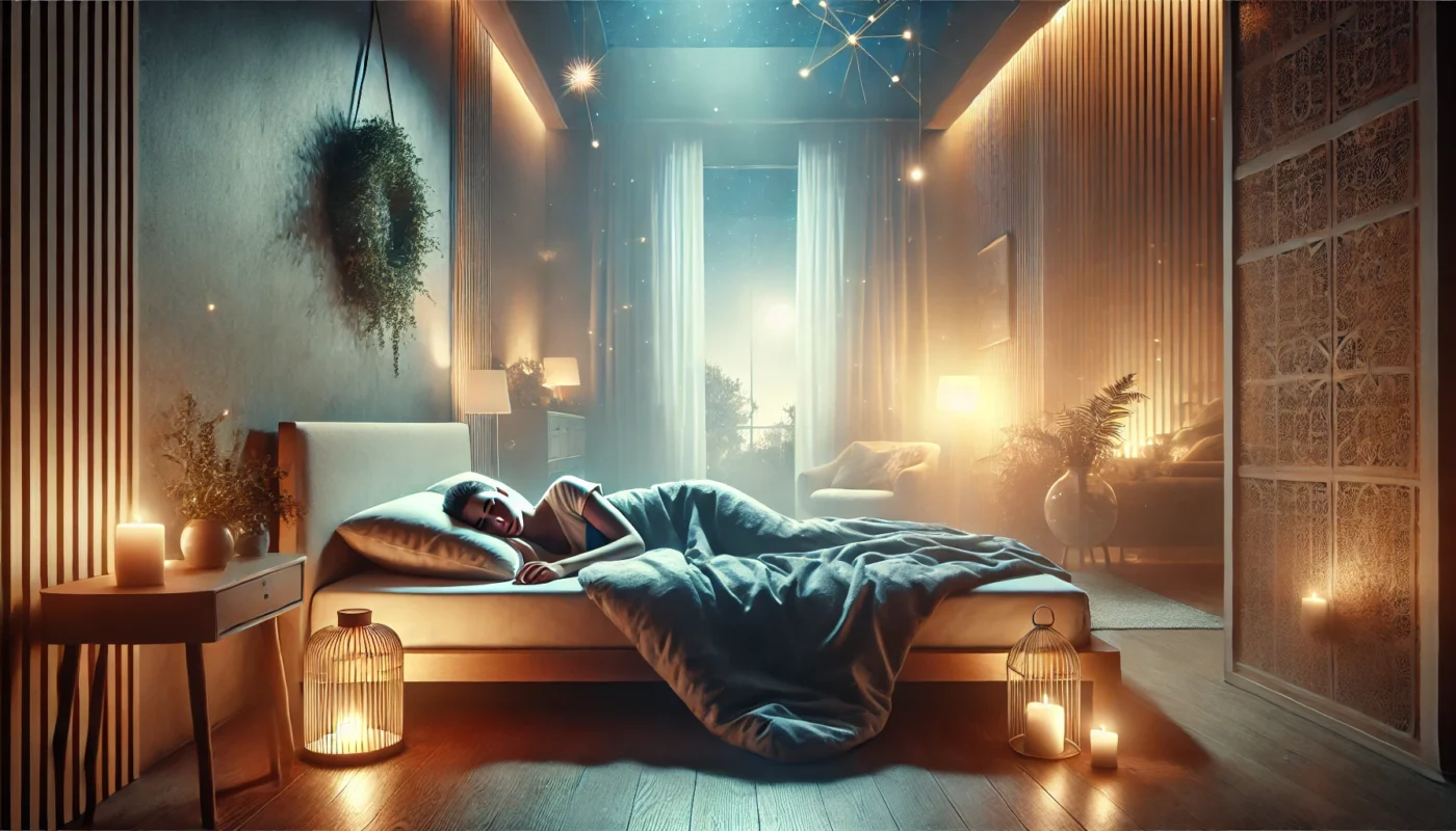 A serene bedroom setting with a person peacefully sleeping in a cozy bed, emphasizing the importance of quality rest in reducing swelling and inflammation.