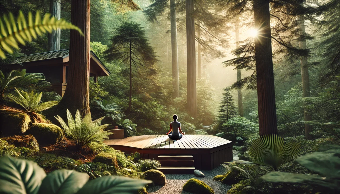 A person practicing yoga on a wooden deck in a lush forest, bathed in soft sunlight filtering through the trees. The serene atmosphere promotes mindfulness, relaxation, and holistic well-being