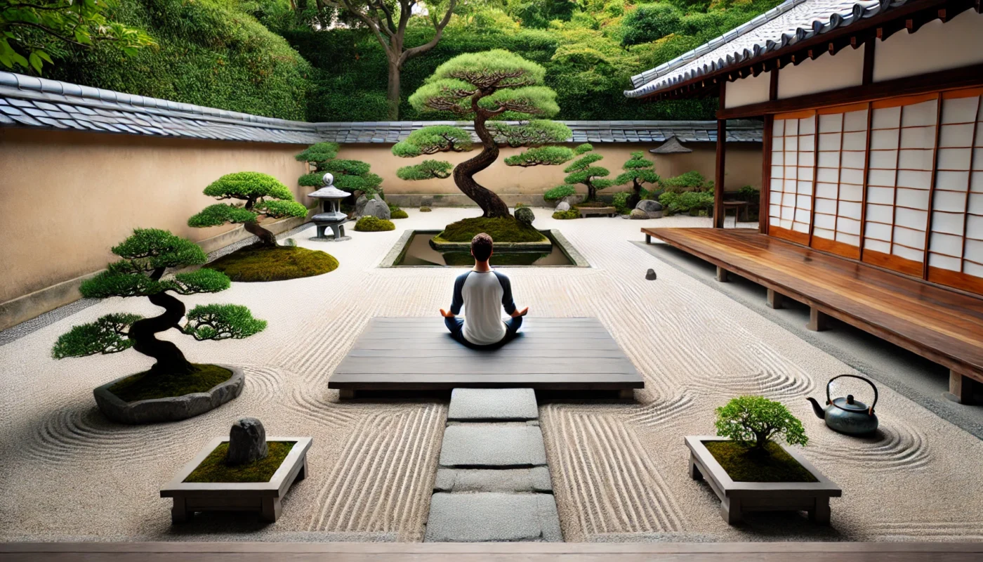 A peaceful lakeside setting where a person receives acupuncture therapy while sitting in a meditative posture. The calm water reflects the sky, enhancing the sense of relaxation and natural healing.