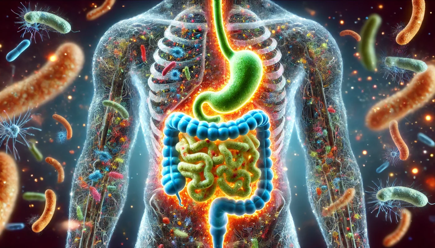 A glowing, colorful illustration of the gut microbiome within a semi-transparent human torso, showcasing a diverse ecosystem of bacteria supporting digestion, immune function, and overall gut health.