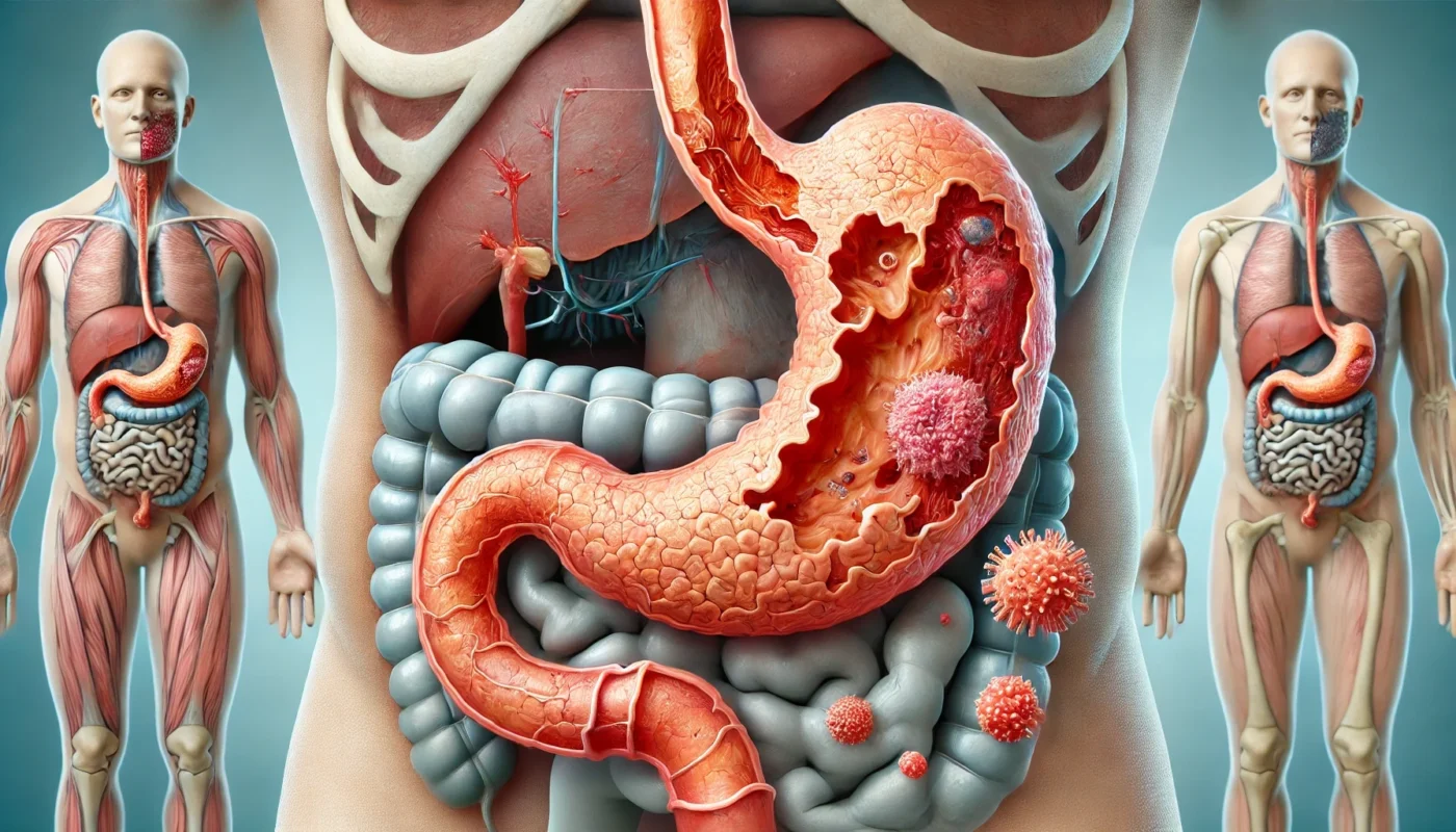 A detailed medical illustration of autoimmune gastritis, showing the stomach lining with visible inflammation and damage. The image highlights the effects of the immune system attacking the stomach's parietal cells. No labels, no text, and no annotations.