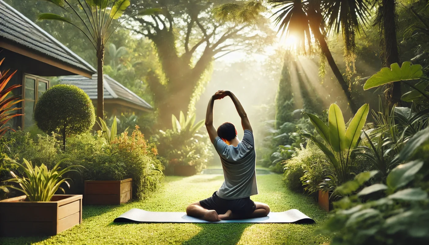 A person performing a gentle back stretch on a yoga mat in a peaceful outdoor setting, surrounded by lush greenery and warm morning sunlight, promoting relaxation and natural back pain relief.