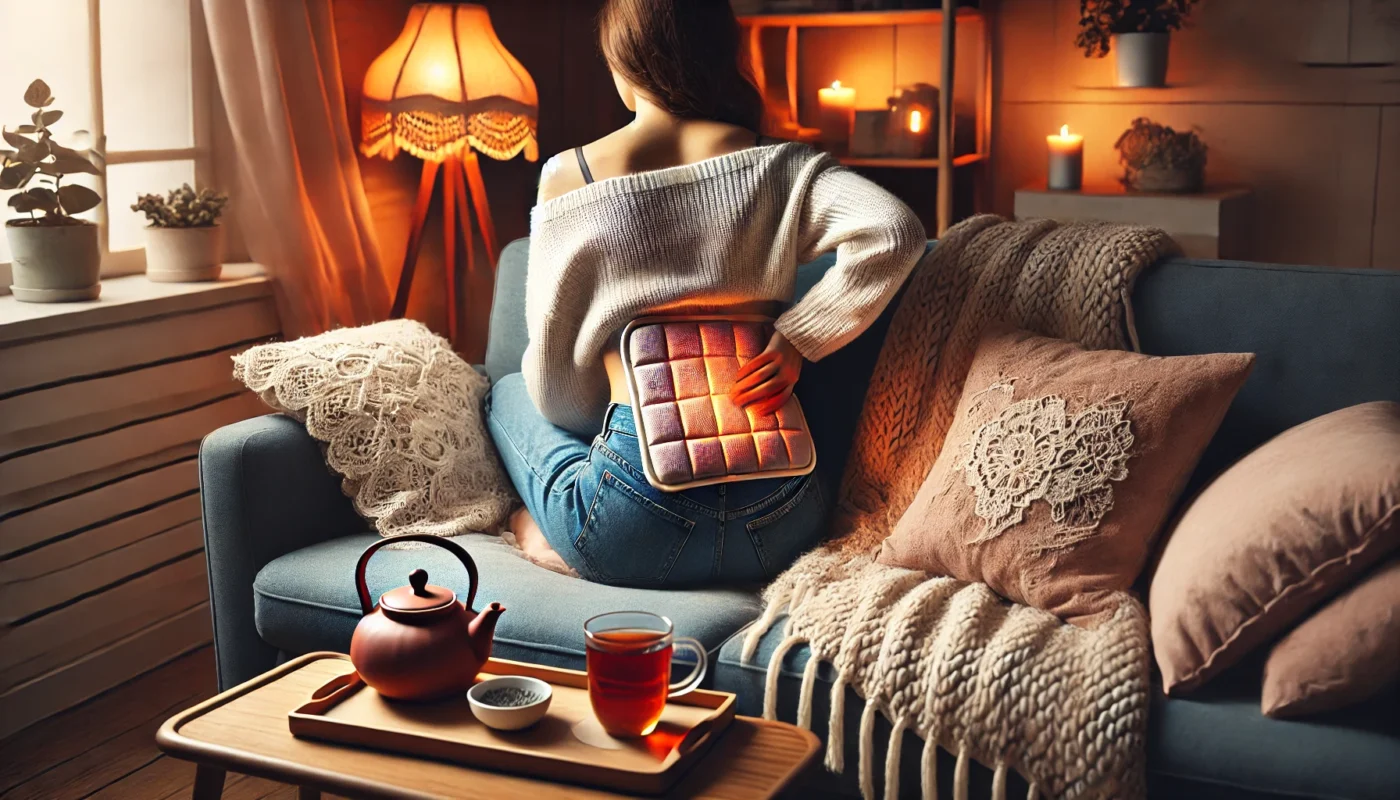 A cozy home scene with a person sitting on a couch using a heating pad on their lower back, accompanied by soft blankets, dim lighting, and a warm cup of tea for comfort and pain relief