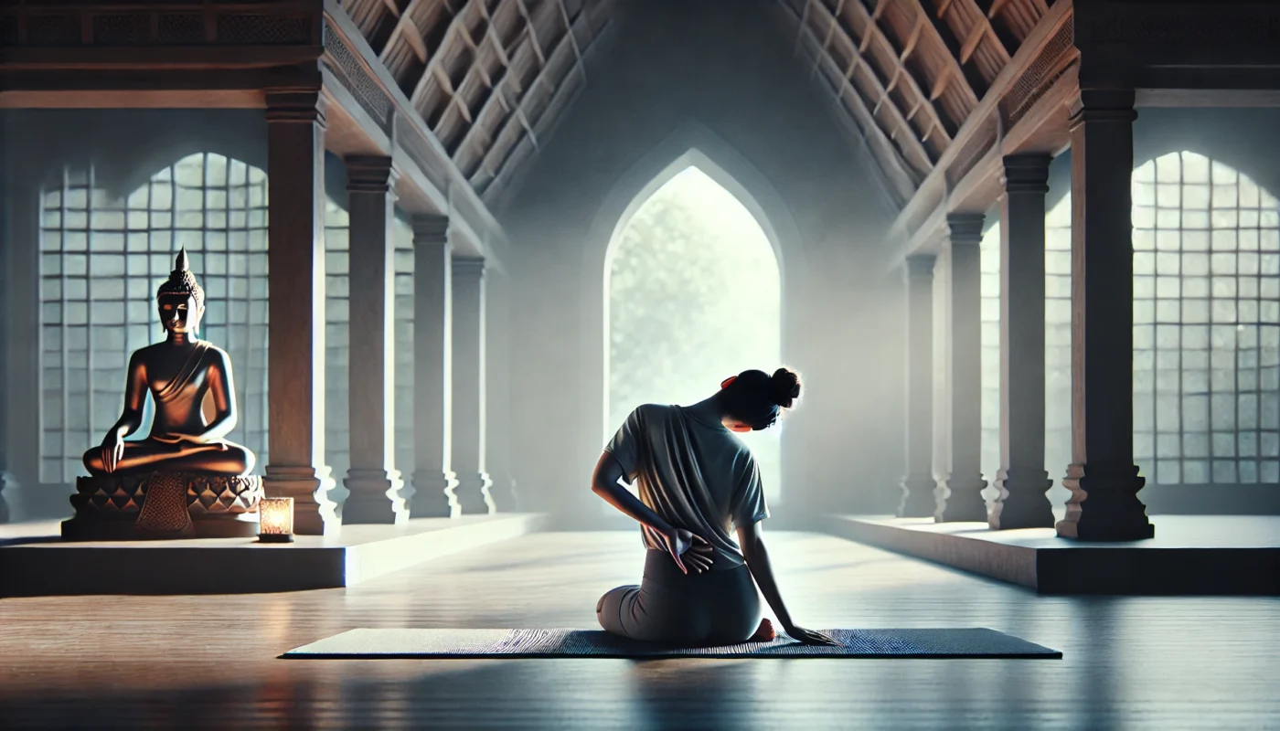 A person practicing a gentle spinal stretch on a yoga mat in a minimalist indoor space filled with natural light, focusing on relieving back pain through mindful movement and flexibility exercises