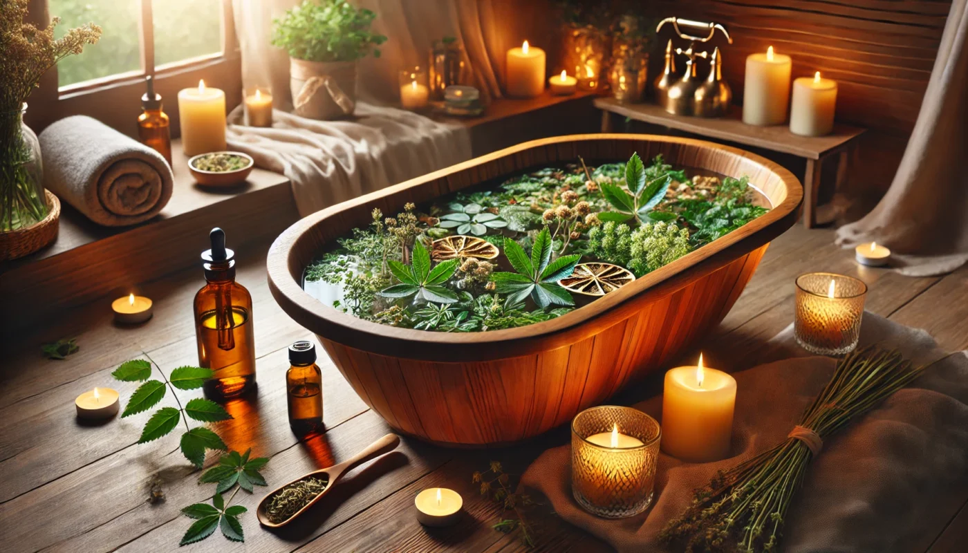 A relaxing herbal bath scene featuring a wooden bathtub filled with warm water and floating herbal leaves, surrounded by soft candlelight and essential oils to promote soothing back pain relief