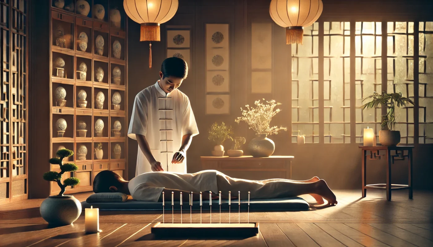 A serene Traditional Chinese Medicine clinic where a practitioner carefully inserts fine acupuncture needles into a patient’s body. The room is softly lit, featuring wooden furniture and traditional Chinese decor, evoking a calming atmosphere for pain relief and holistic healing.