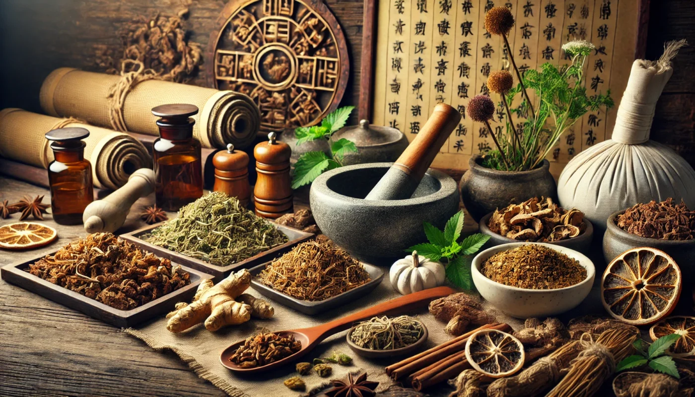 A visually rich display of Traditional Chinese Medicine herbal remedies for pain relief. Dried herbs, roots, and medicinal plants are arranged on a wooden table with ceramic bowls and pestles, surrounded by traditional scrolls, emphasizing natural healing and ancient wisdom.