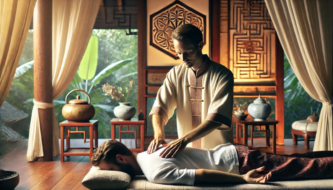 A peaceful Traditional Chinese Medicine treatment room where a skilled practitioner applies Tui Na massage techniques to a patient’s back, using acupressure and stretching to alleviate pain. The setting features wooden accents, soft lighting, and an atmosphere of relaxation and healing.