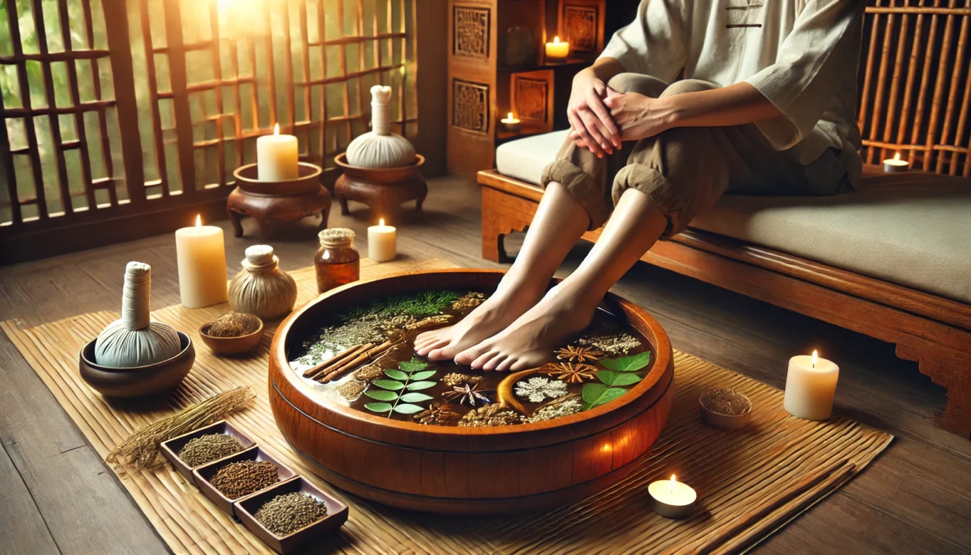 A soothing scene of Traditional Chinese Medicine therapy with a warm herbal foot soak. A wooden basin filled with infused water and medicinal herbs gently surrounds a person’s feet, set in a tranquil environment with candlelight, bamboo accents, and a peaceful ambiance promoting relaxation and pain relief.