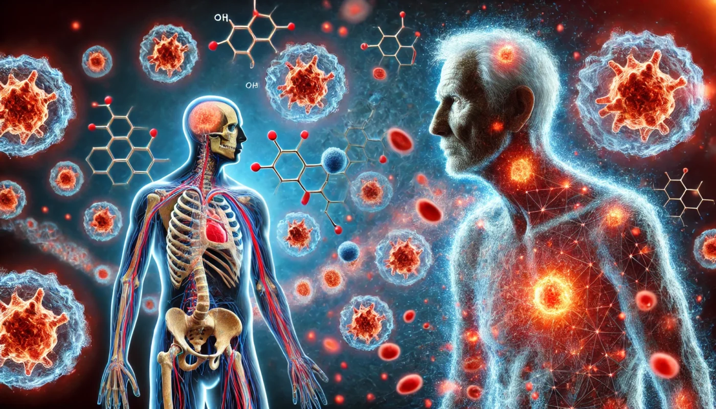 A conceptual illustration of a human figure with a weakening immune network, highlighted by red areas symbolizing chronic inflammation. The background features molecular structures and struggling immune cells, visually depicting the link between persistent inflammation and immune system deterioration.