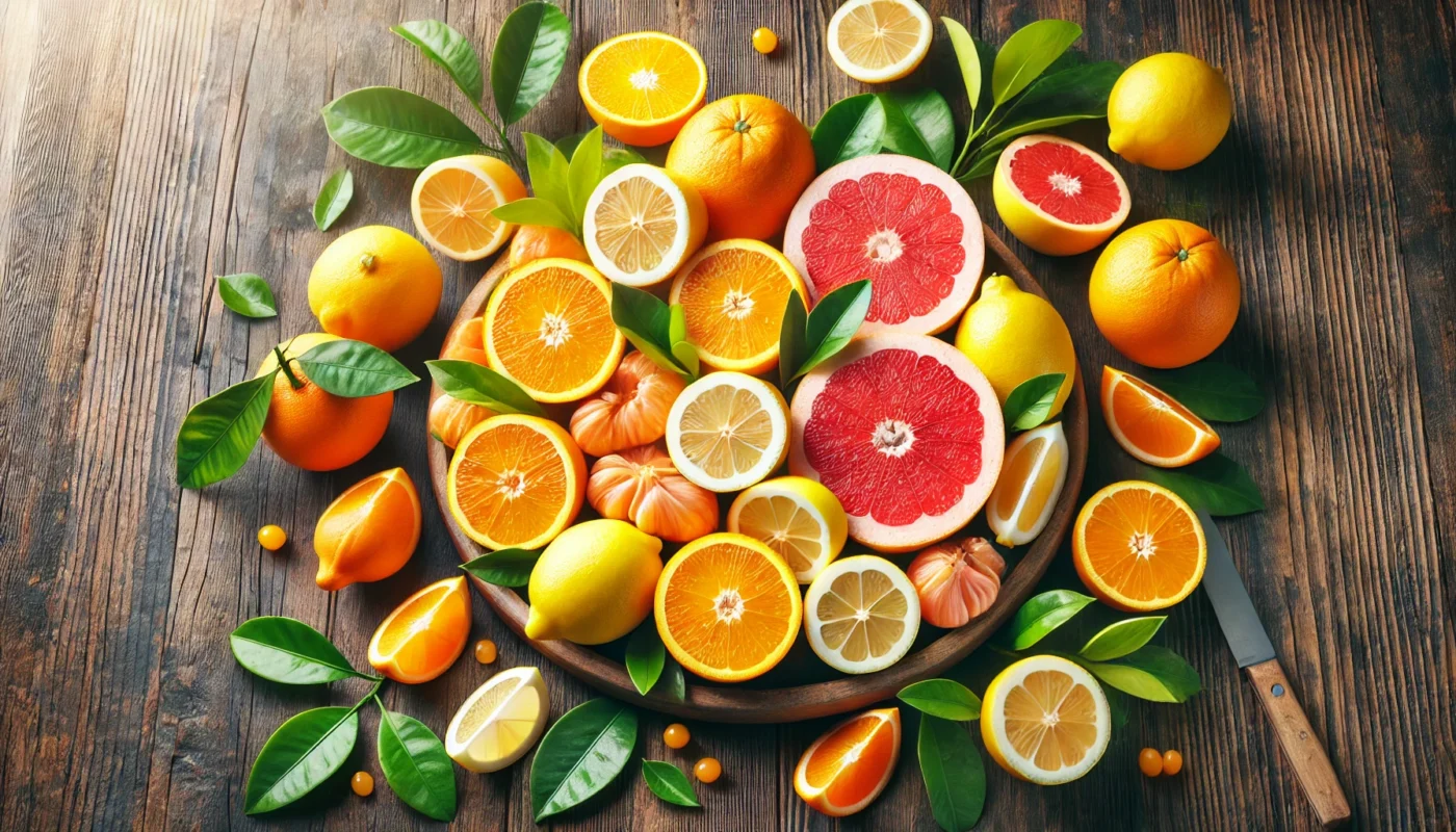 A bright and refreshing display of citrus fruits, including oranges, lemons, and grapefruits, sliced open to reveal their juicy interiors, symbolizing their high vitamin C content and immune-boosting properties.