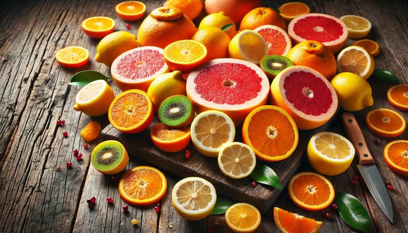 A bright and refreshing display of fresh citrus fruits, including oranges, lemons, and grapefruits, sliced and arranged on a rustic wooden table to emphasize their high vitamin C content and immune-boosting benefits.