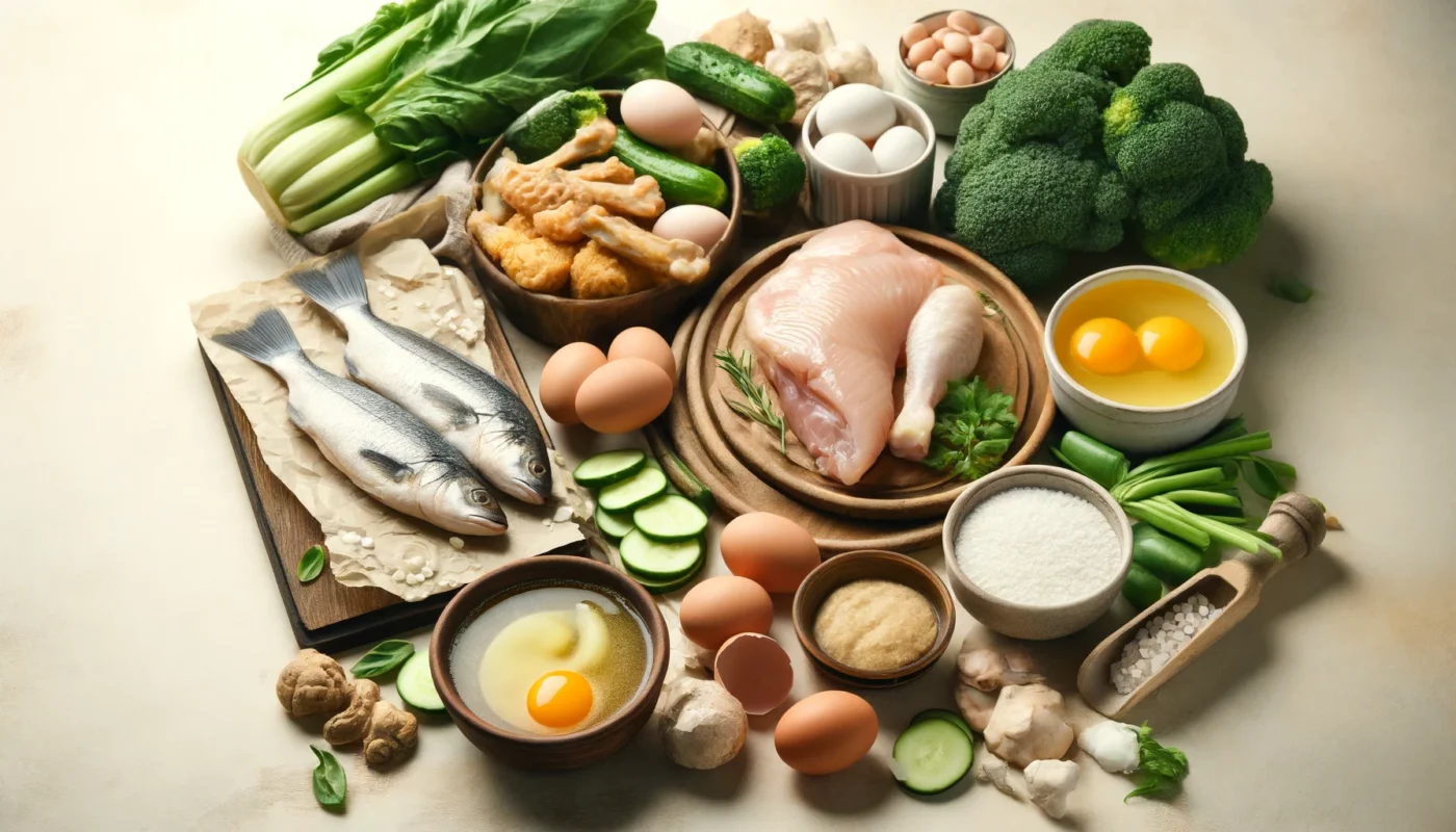 A wholesome and rustic display of collagen-rich foods, including bone broth, chicken, fish, eggs, and fresh vegetables, carefully arranged to highlight their natural benefits.