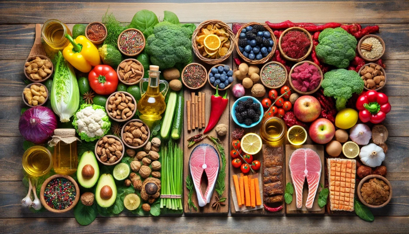 A side-by-side display of inflammatory and anti-inflammatory foods arranged on a rustic wooden table. One side features fresh vegetables, wild-caught fish, nuts, olive oil, and berries as anti-inflammatory choices. The other side highlights processed meats, sugary snacks, refined carbohydrates, and fried foods, emphasizing their role in triggering inflammation. This visual representation showcases the impact of dietary choices on inflammation and overall health.