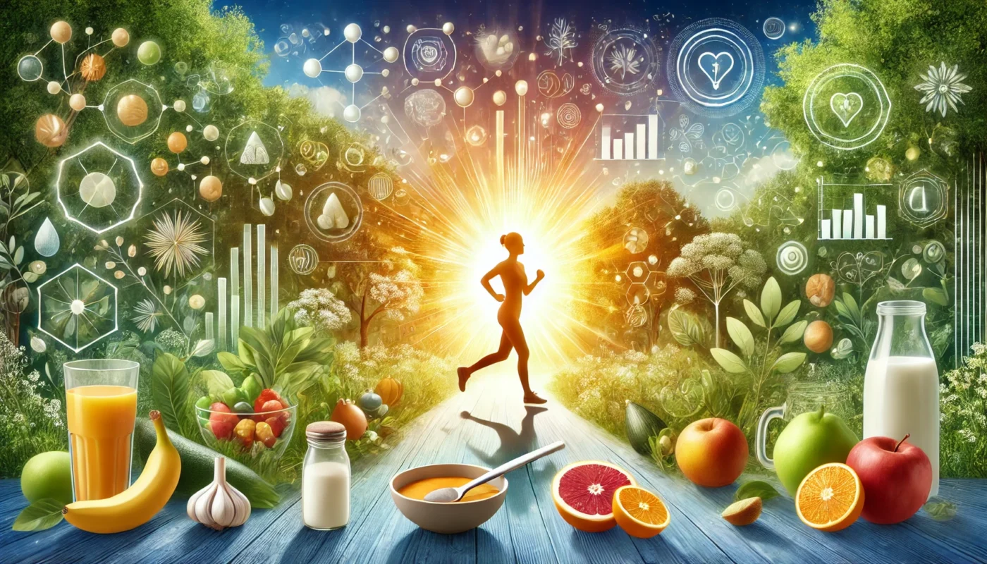 A vibrant digital illustration of healthy living, featuring a person jogging in a scenic park surrounded by fresh fruits, vegetables, and nature, symbolizing a balanced lifestyle of nutrition, exercise, and mindfulness.