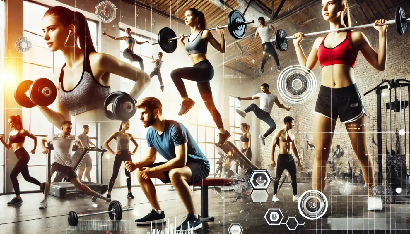 A high-energy scene of a diverse group of people working out in a modern gym, engaging in weightlifting, cardio, and stretching. The image highlights different aspects of fitness and strength training.