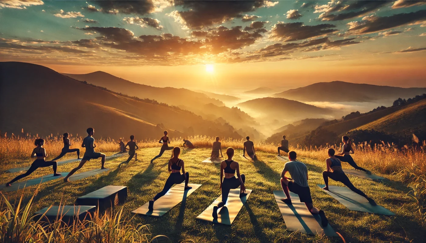 A scenic outdoor fitness session at sunrise, featuring people performing yoga and bodyweight exercises on a grassy field. The image captures the essence of outdoor wellness and the benefits of exercising in nature.