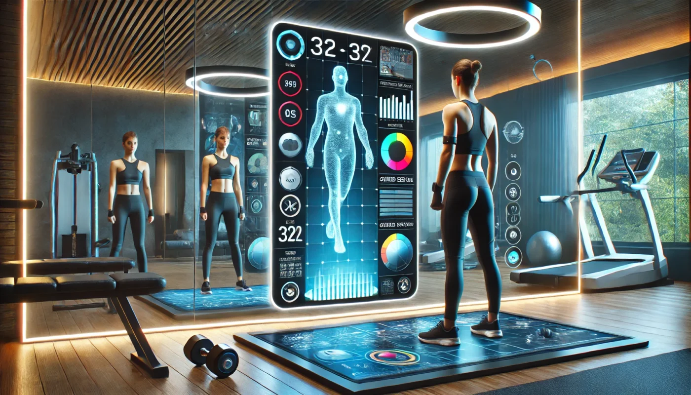 A futuristic fitness training session featuring a person using a smart workout mirror displaying real-time stats and guided exercises. The modern home gym setting includes sleek design and ambient lighting, showcasing advanced technology in fitness.