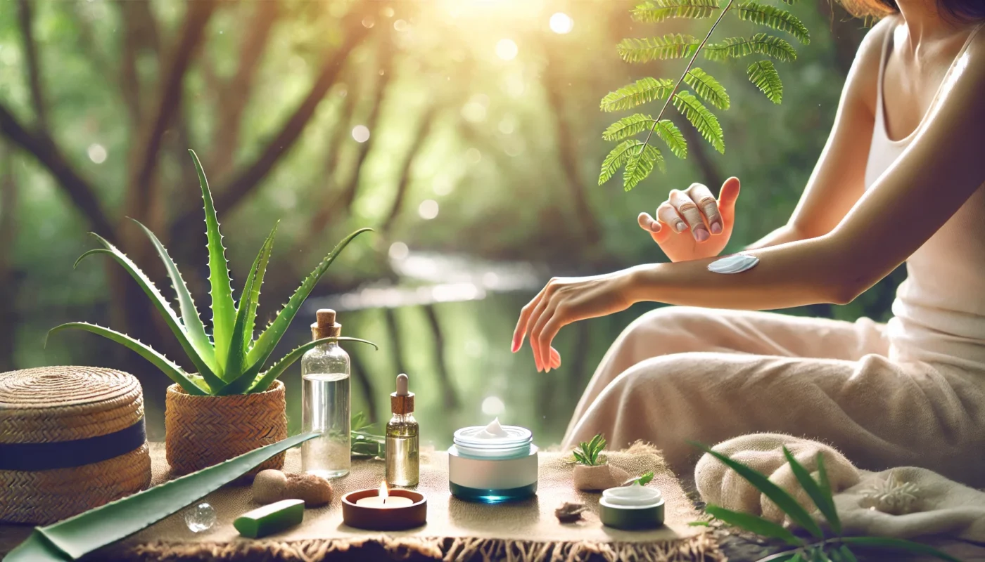 A calming, photo-realistic scene of a woman gently applying steroid cream to her sunburned arm in a natural environment. Aloe vera plants, sunlight filtering through trees, and natural elements enhance the feeling of relief and care.