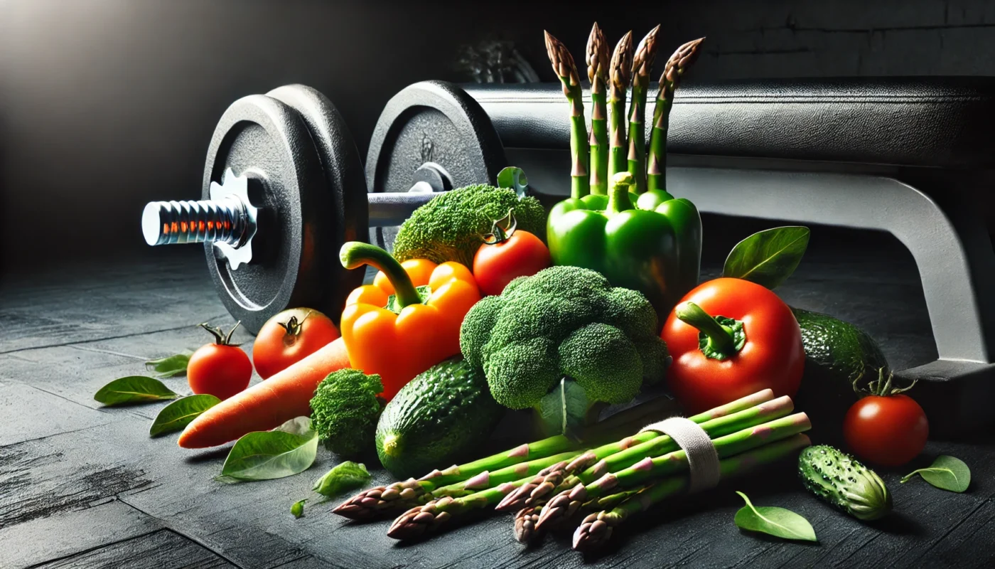 "A gym-inspired composition featuring muscle-building vegetables like broccoli, bell peppers, and asparagus placed next to a pair of dumbbells on a dark workout bench, symbolizing strength and nutrition."