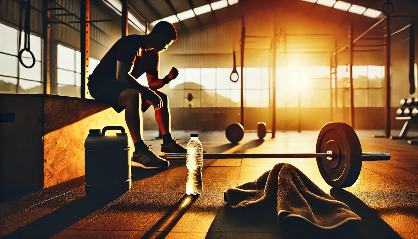 A dynamic gym scene during golden hour with an athlete finishing a workout. A barbell, water bottle, and gym towel rest on the floor, while sunlight streams through the windows, symbolizing the ideal time to maximize post-workout gains."