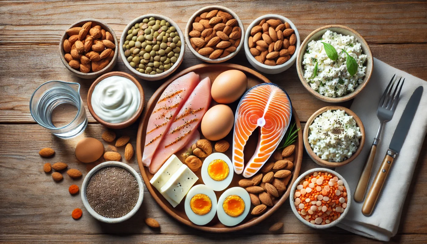 A top-down view of essential protein sources for muscle recovery, including grilled chicken, salmon fillets, hard-boiled eggs, Greek yogurt, cottage cheese, lentils, chickpeas, almonds, and chia seeds, arranged on a wooden table under soft natural lighting."