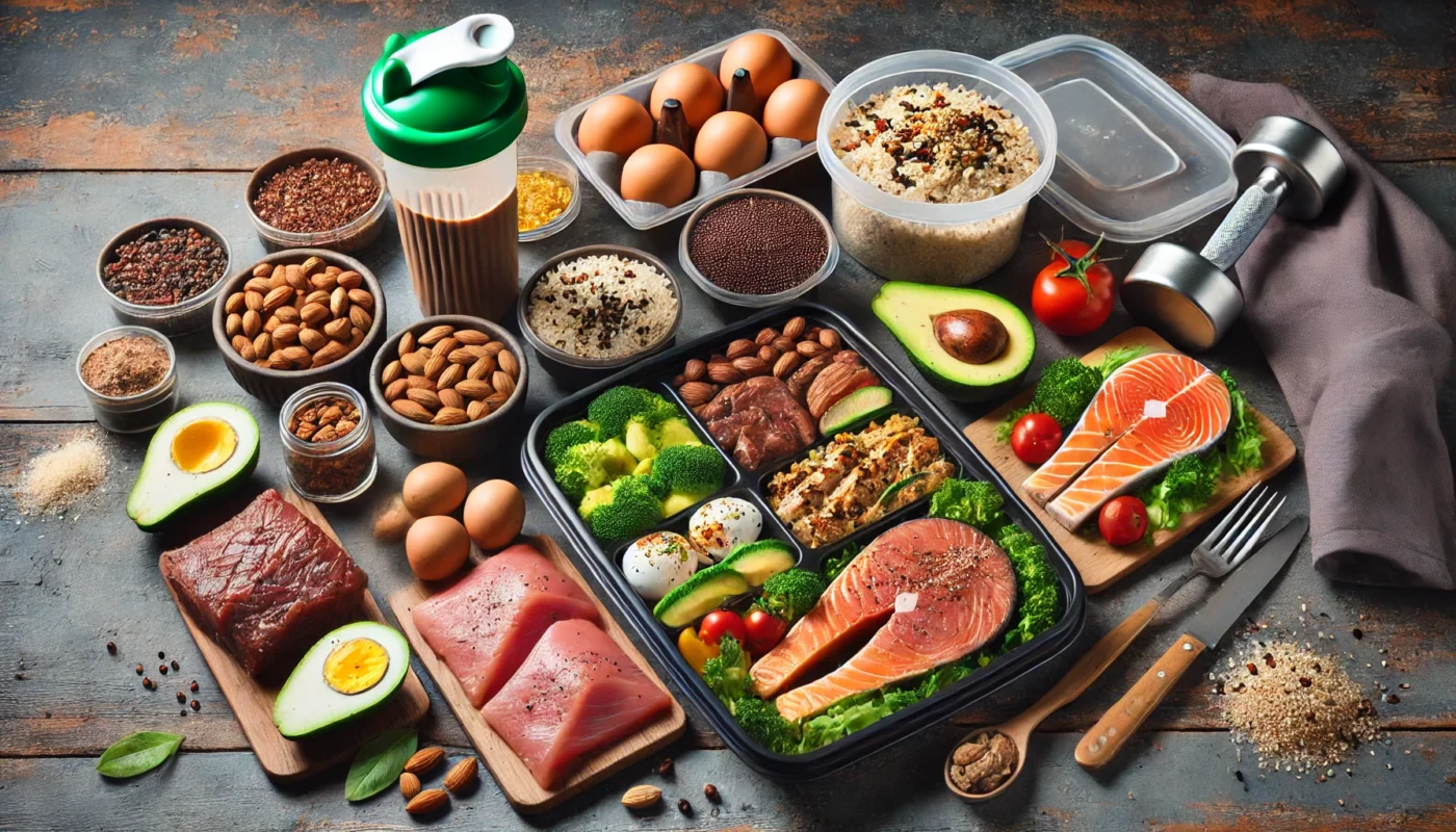 A visually appealing weekly meal planning board for muscle gain displayed on a kitchen counter. Surrounding it are fresh ingredients like lean meats, eggs, vegetables, nuts, and whole grains, with a balanced meal prep container in the foreground."