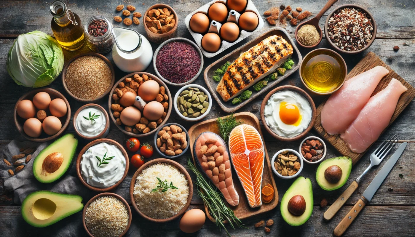 "A top-down view of clean bulking foods arranged on a rustic wooden table, including lean proteins like grilled chicken, salmon, eggs, and Greek yogurt, complex carbohydrates such as quinoa, brown rice, and sweet potatoes, and healthy fats like avocado, nuts, and olive oil."