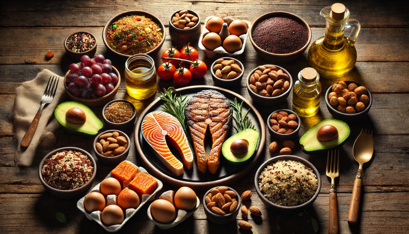 A high-calorie meal setup for muscle growth, featuring a wooden table with nutrient-dense foods such as grilled steak, salmon, eggs, quinoa, brown rice, avocados, nuts, olive oil, and sweet potatoes, arranged under warm natural lighting."