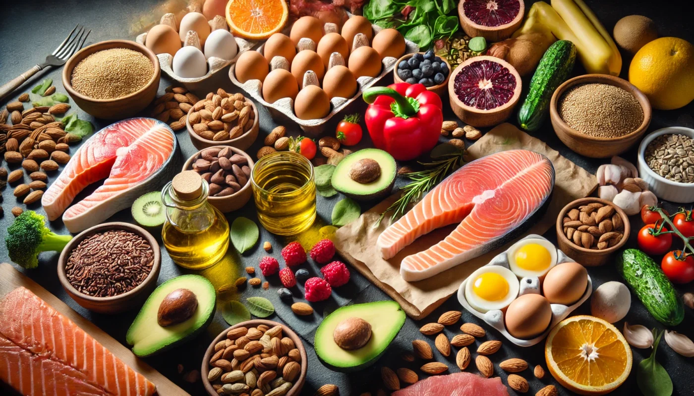 "A colorful assortment of high-calorie whole foods for muscle growth, arranged on a dark slate surface. The selection includes salmon, nuts, seeds, whole grains, avocados, eggs, olive oil, and lean meats, with warm lighting emphasizing their calorie-rich nature."