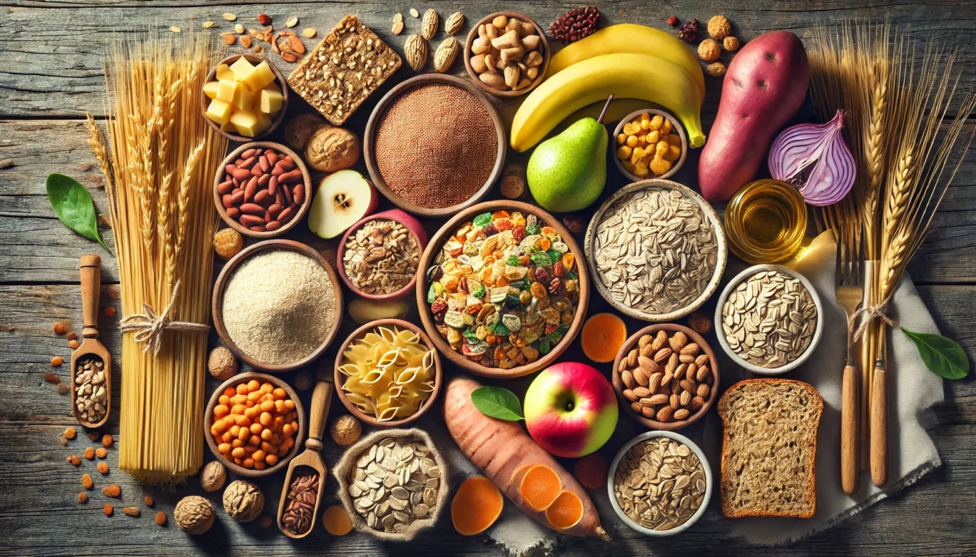 A top-down view of carbohydrate-rich foods for muscle growth, arranged on a rustic wooden table. The selection includes quinoa, brown rice, whole wheat pasta, oats, sweet potatoes, bananas, apples, legumes, and whole grain bread, highlighted by warm natural lighting."