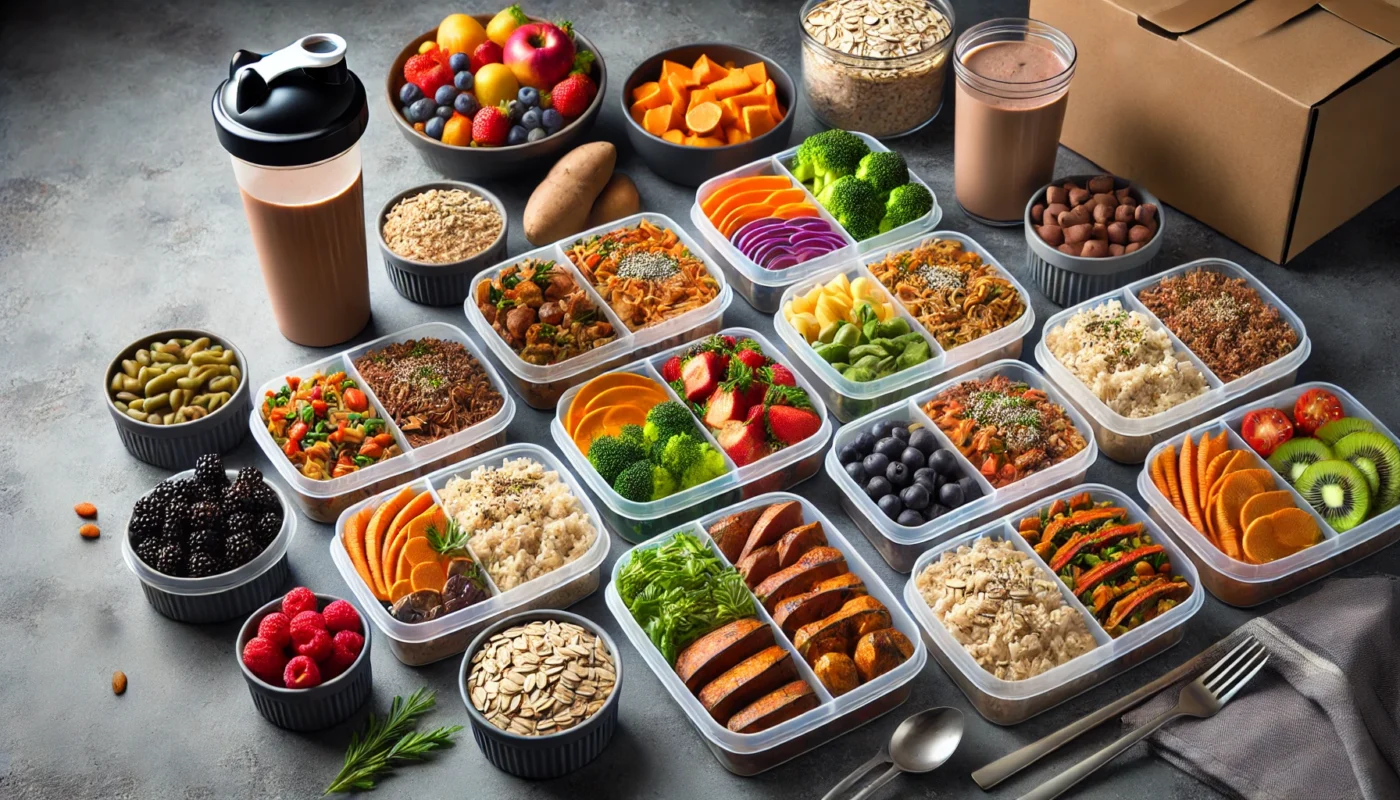  "A meal prep setup for muscle growth featuring high-carbohydrate meals displayed on a kitchen counter. Meal containers filled with brown rice, quinoa, whole wheat pasta, roasted sweet potatoes, and steamed vegetables sit beside a bowl of oats with fruit and a protein shake."