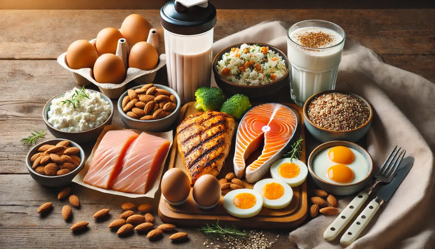 A high-protein meal setup for muscle recovery, displayed on a wooden table. The selection includes grilled chicken, salmon, eggs, Greek yogurt, cottage cheese, almonds, quinoa, and a protein shake, arranged under warm lighting to emphasize their role in post-workout recovery."