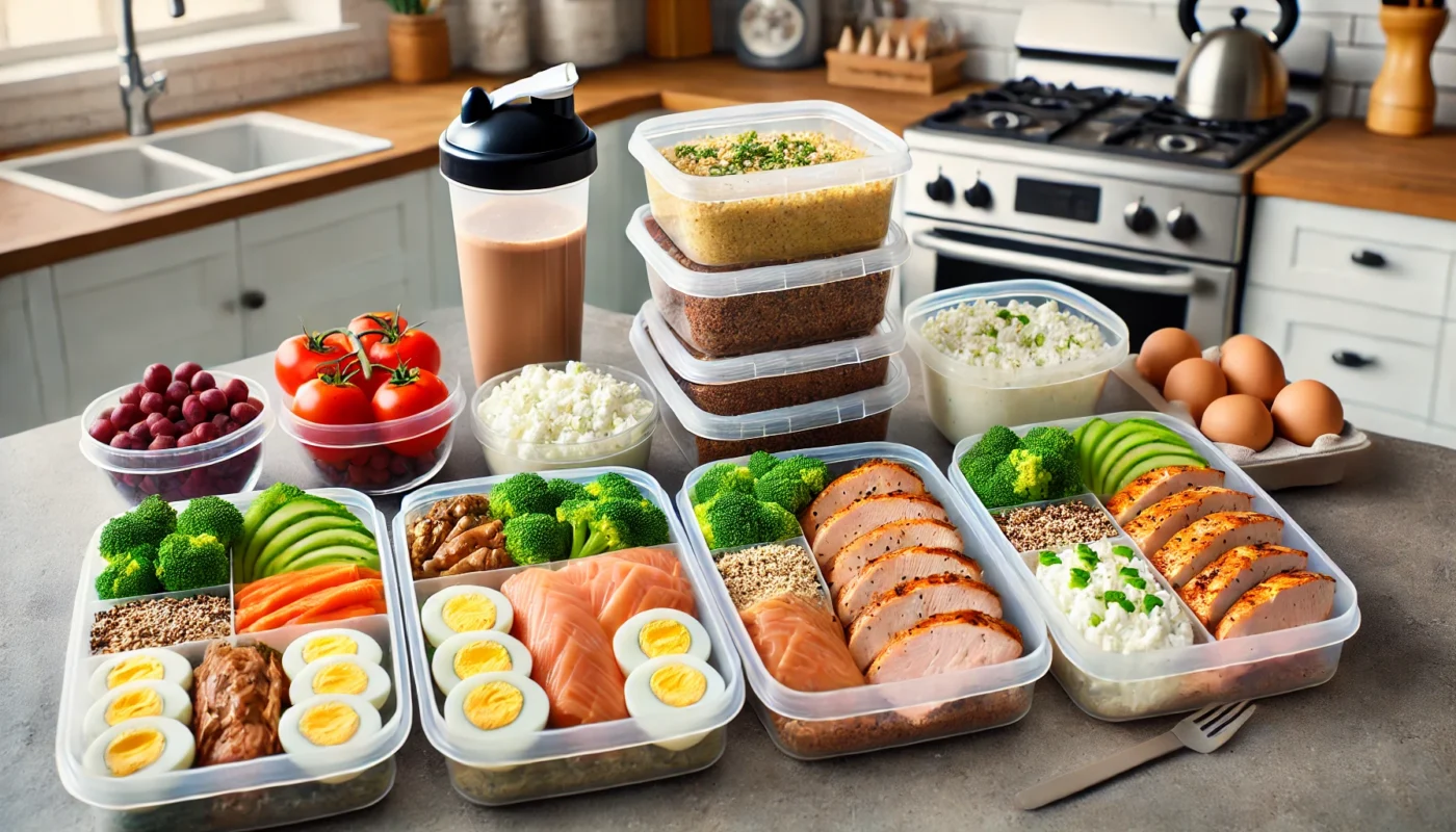 "A fitness meal prep setup for muscle recovery displayed on a kitchen counter. Meal containers filled with grilled chicken, salmon, boiled eggs, quinoa, steamed broccoli, and cottage cheese sit beside a protein shake, highlighting the importance of protein intake after a workout."