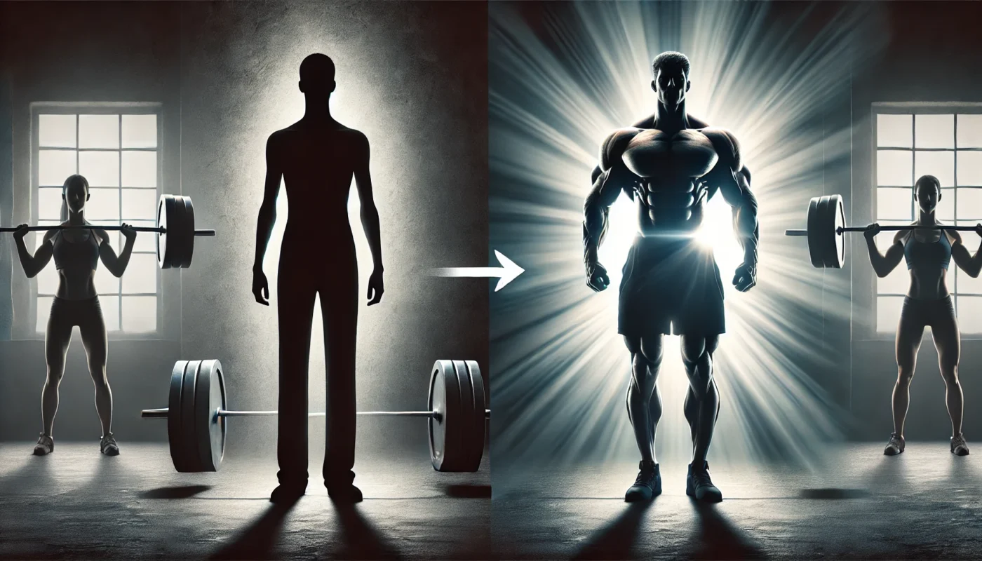 A symbolic representation of body transformation through strength training. On the left, a shadowy figure with a less defined physique, while on the right, a muscular and confident silhouette emerges, illuminated by bright gym lighting, symbolizing progress and physical transformation.