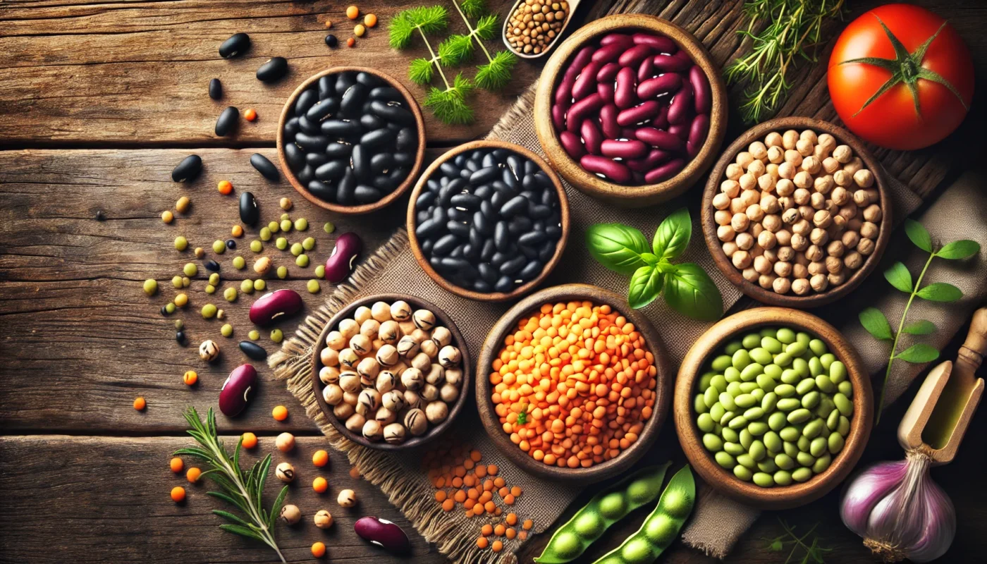 "A vibrant top-down view of five types of beans that support muscle growth, arranged on a rustic wooden surface. The selection includes black beans, kidney beans, chickpeas, lentils, and edamame, displayed in small bowls with fresh herbs highlighting their nutrient-rich textures."