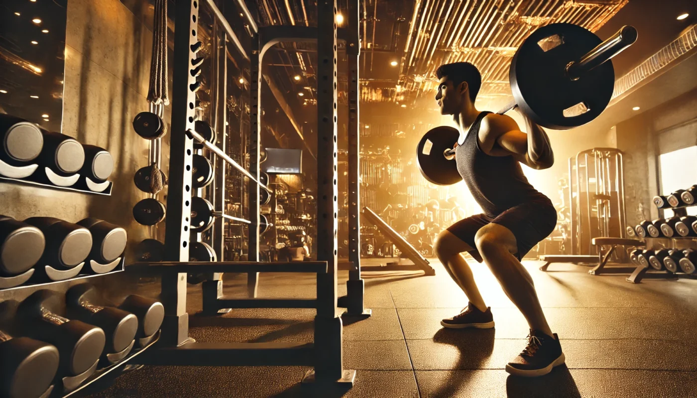 A gym scene showcasing an athlete performing barbell squats with gym equipment like weight racks and dumbbells in the background. Warm lighting highlights the athlete's toned muscles, emphasizing strength training for lean muscle development."