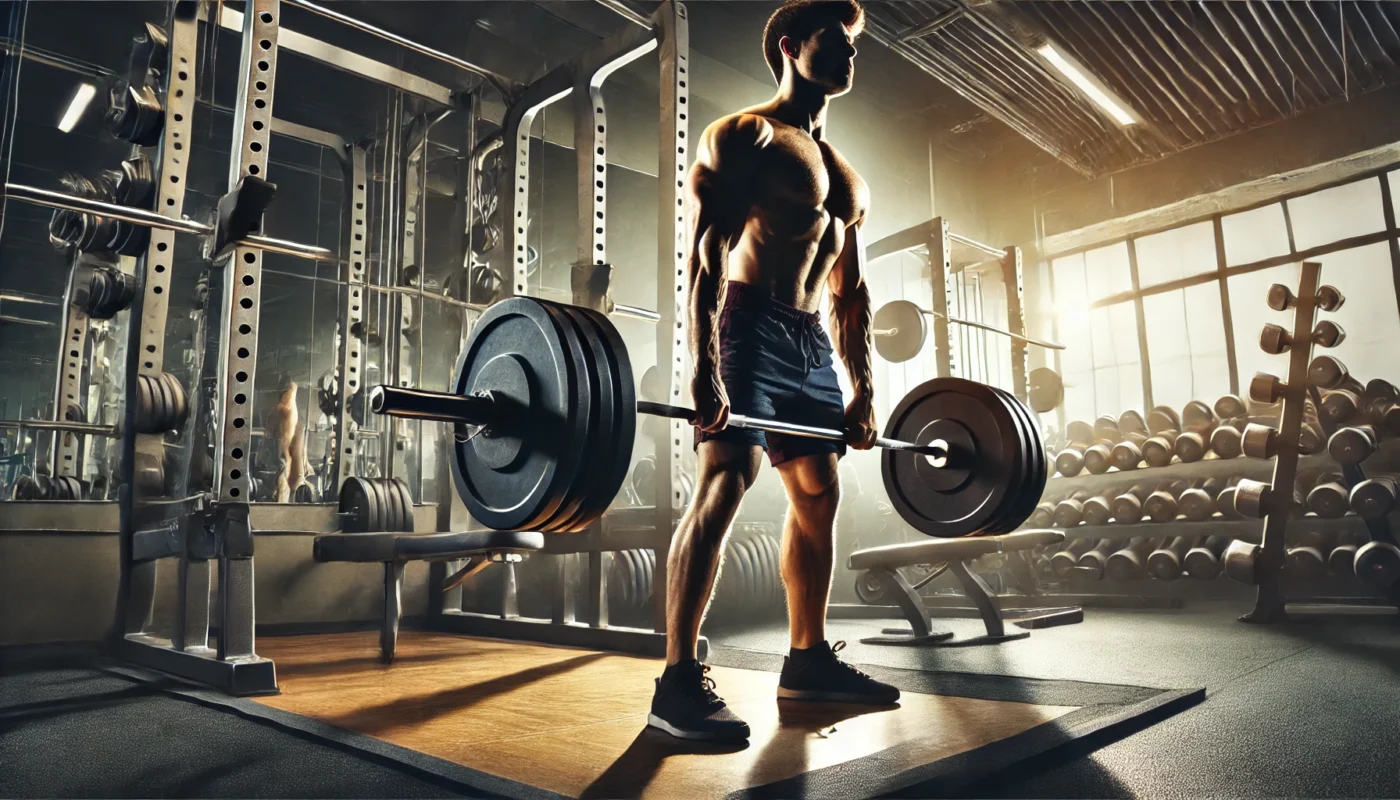 A powerful gym scene showing an athlete performing an intense deadlift with a loaded barbell, with gym equipment like weight racks in the background and dramatic lighting highlighting the athlete’s muscles."