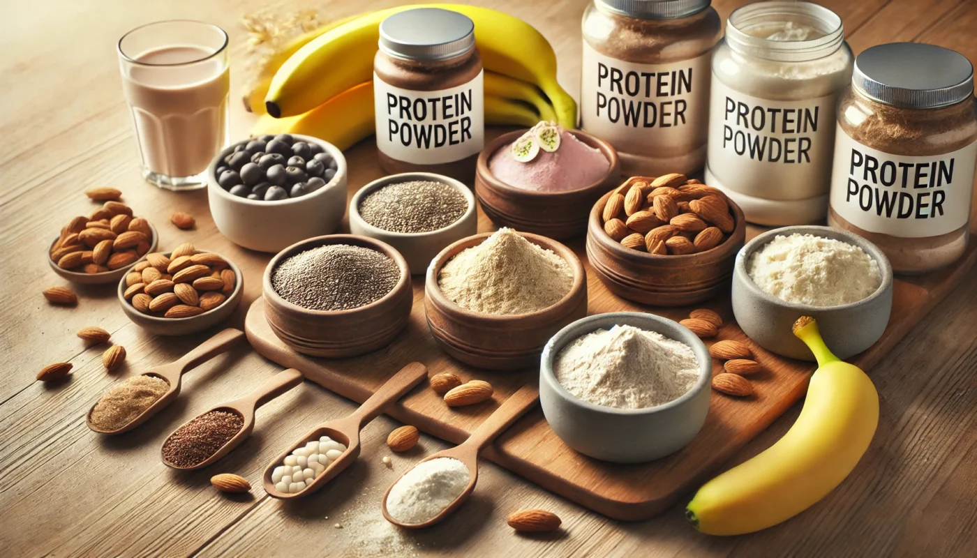 "A clean and organized display of protein powders for weight loss on a wooden countertop, featuring small bowls of whey, plant-based, and collagen protein, surrounded by chia seeds, almonds, and a banana under soft natural lighting."